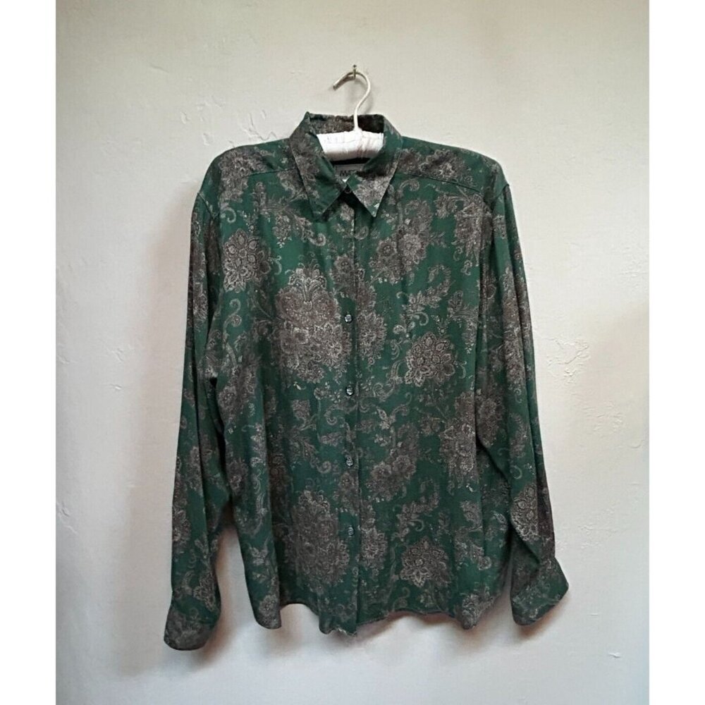 Madrigal Women's Button Down Long Sleeve Collared Top Paisley Green Size 12